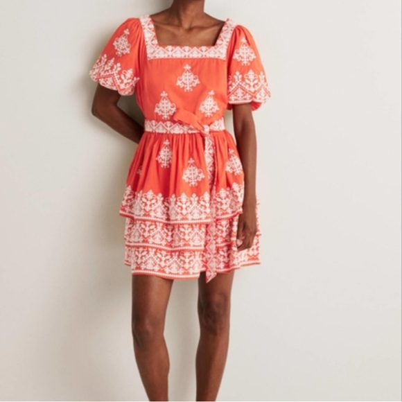 New Boden Square Neck Rara Dress in Firecracker New With Tag Size 6 Embroidered - Picture 15 of 16